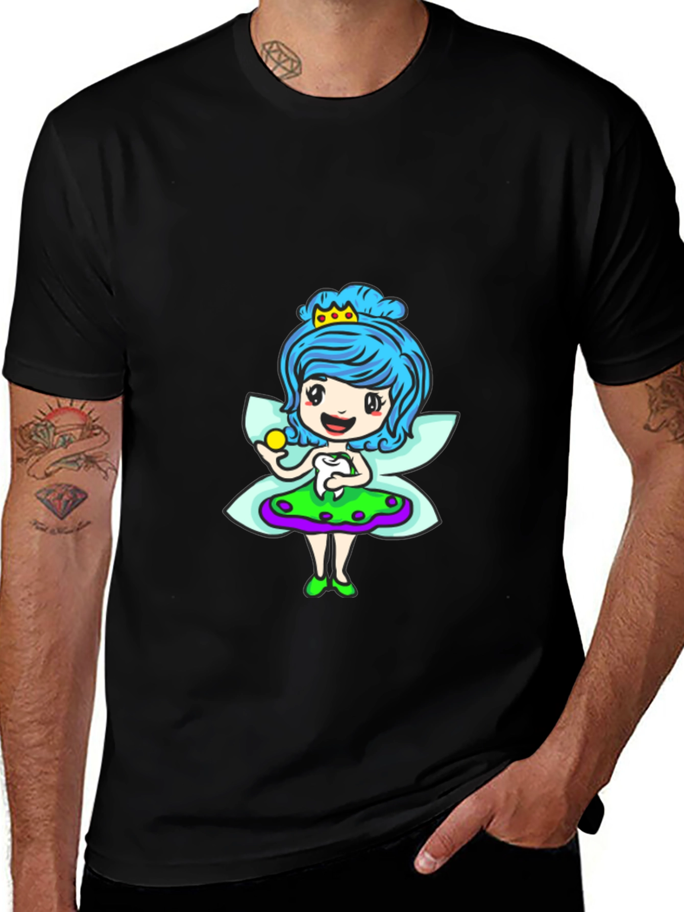 Cute Cartoon Fairy Print Black T-Shirt