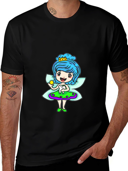 Cute Cartoon Fairy Print Black T-Shirt