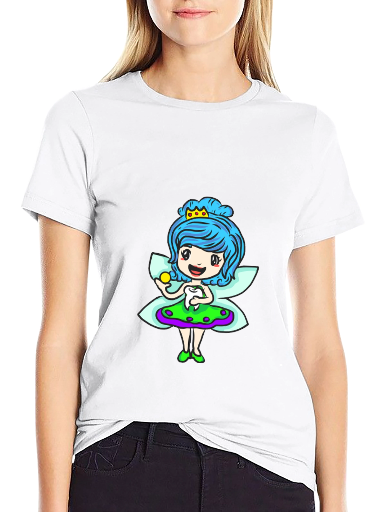 Cute Cartoon Fairy Print Black T-Shirt