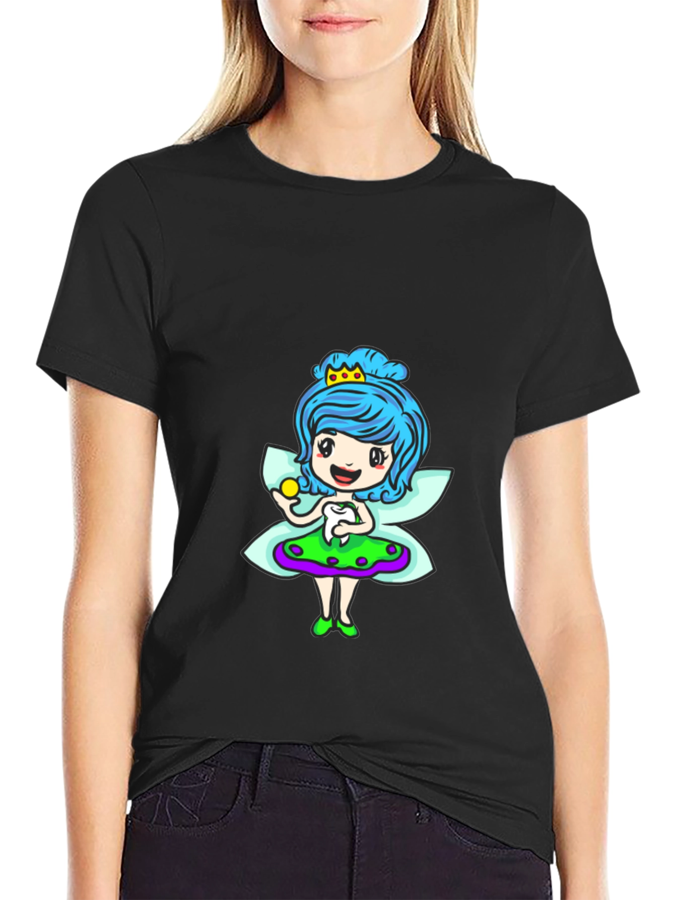 Cute Cartoon Fairy Print Black T-Shirt