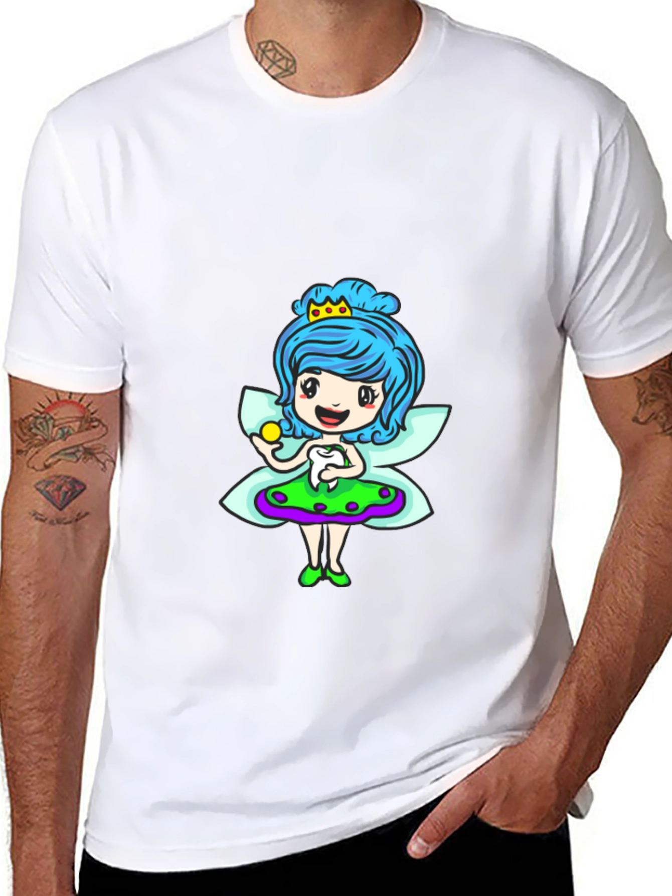 Cute Cartoon Fairy Print Black T-Shirt