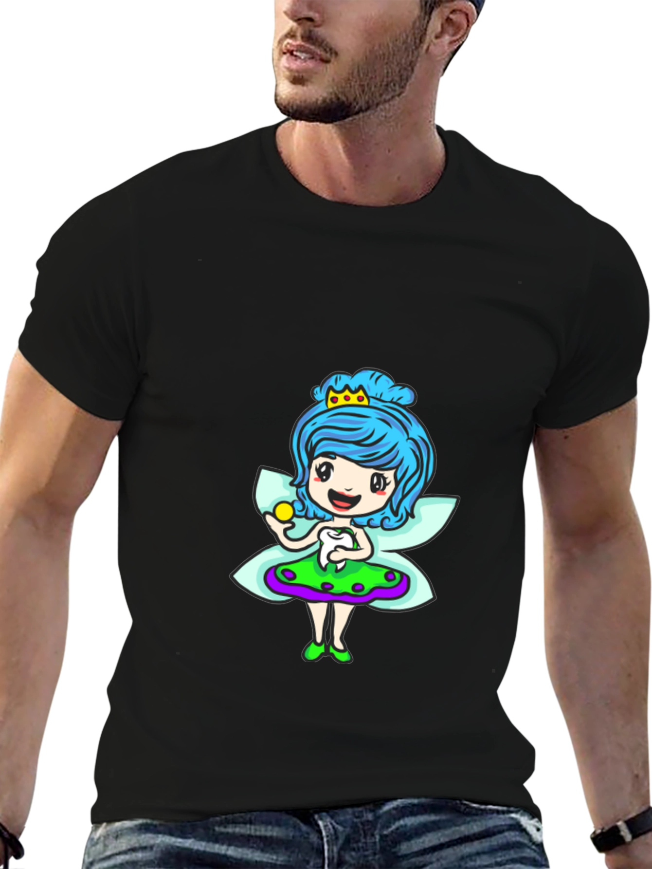 Cute Cartoon Fairy Print Black T-Shirt