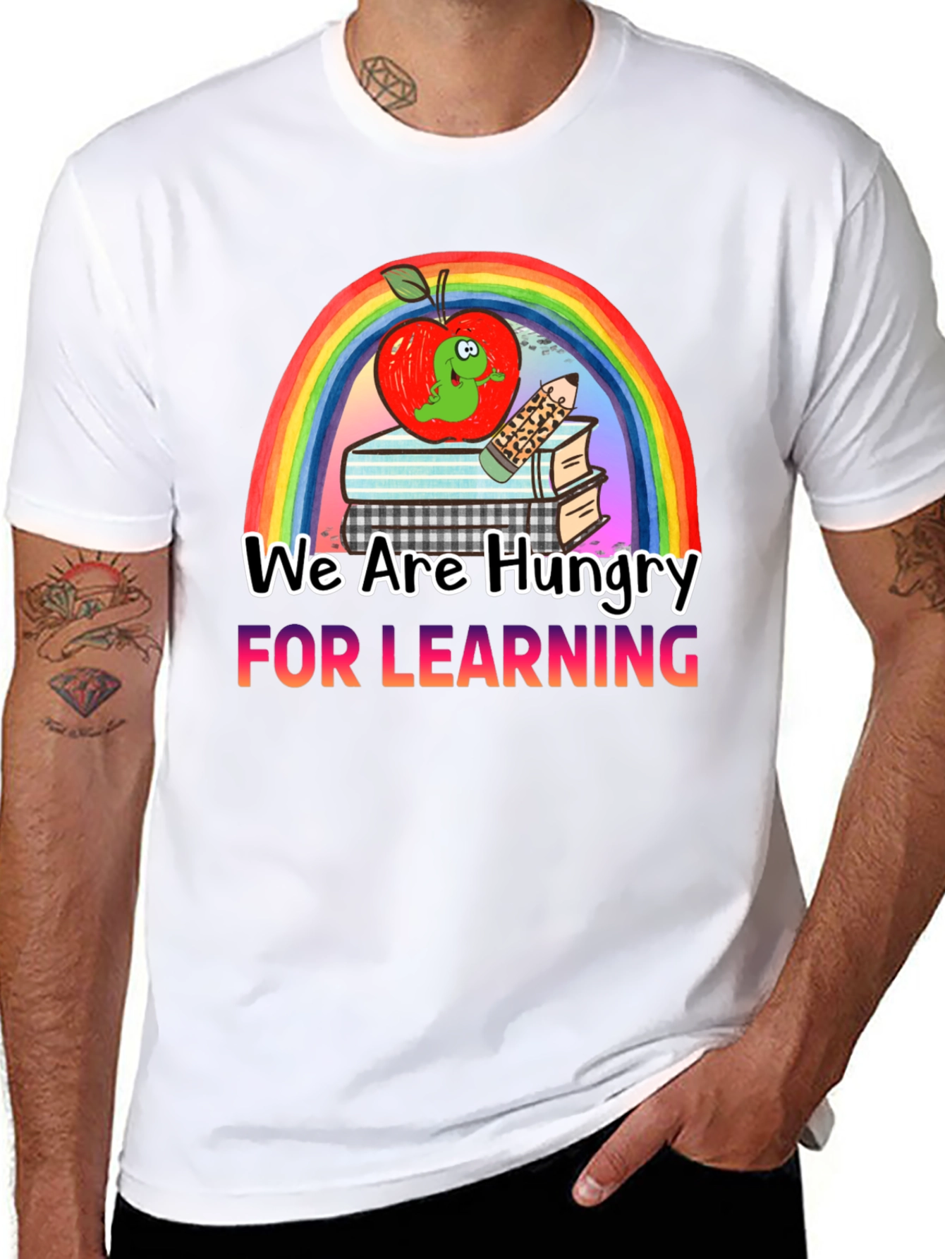 Hungry for Learning T-Shirt Apple & Rainbow Design