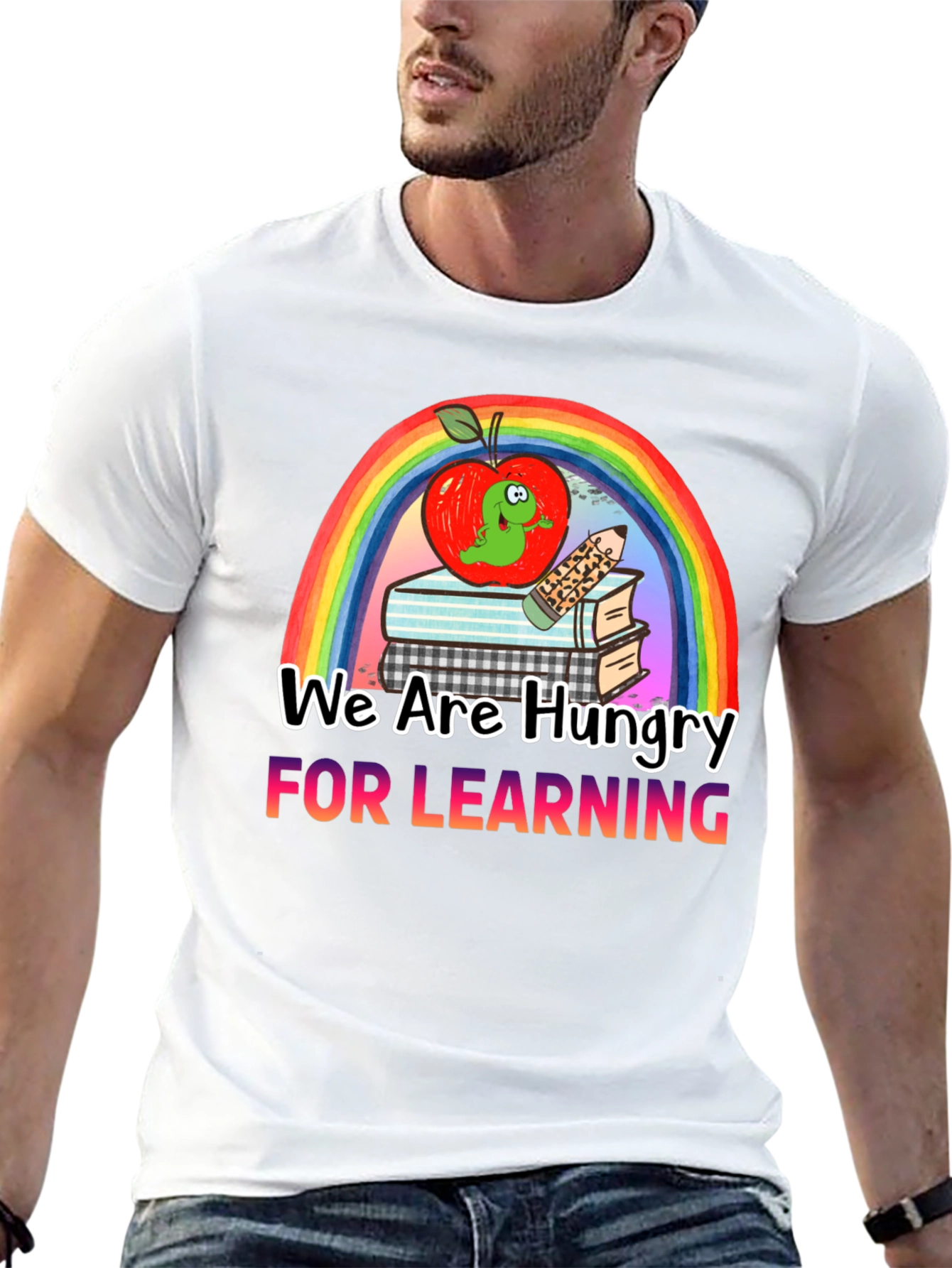 Hungry for Learning T-Shirt Apple & Rainbow Design