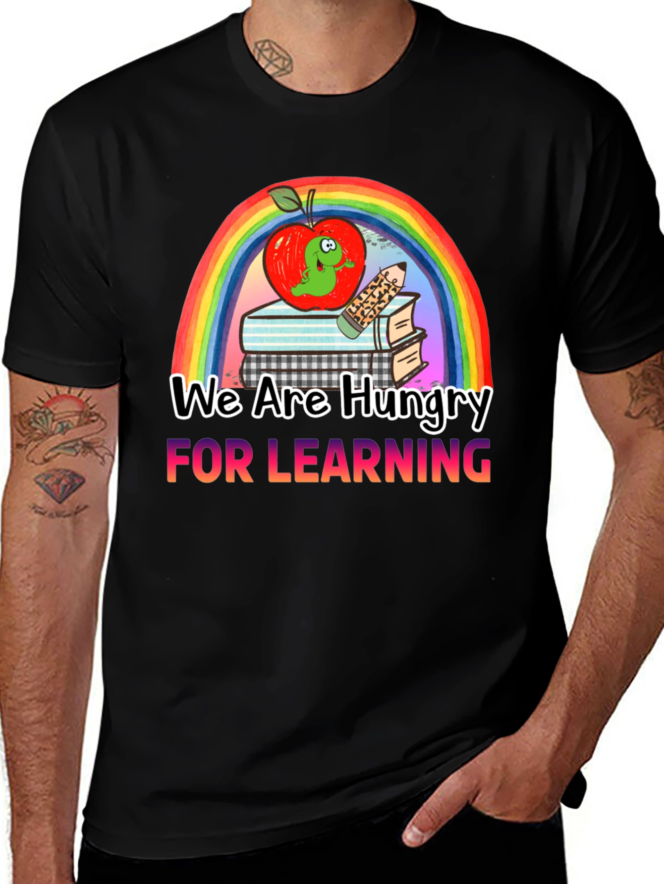 Hungry for Learning T-Shirt Apple & Rainbow Design