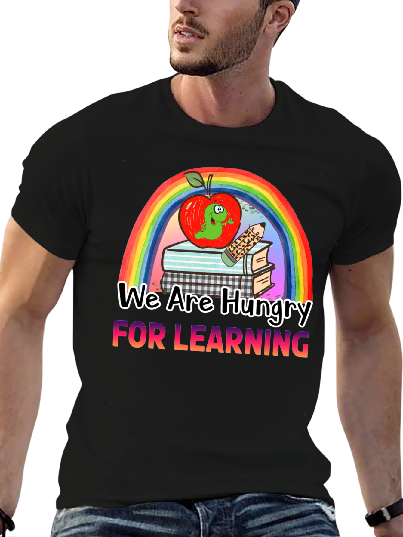 Hungry for Learning T-Shirt Apple & Rainbow Design