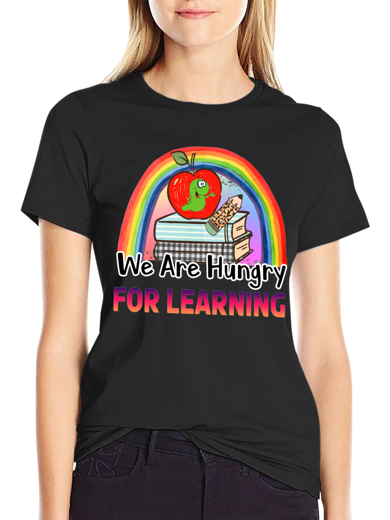 Hungry for Learning T-Shirt Apple & Rainbow Design