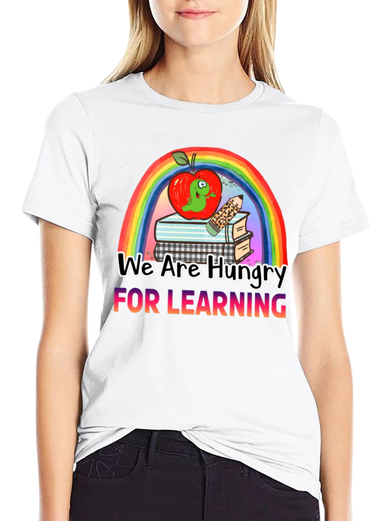 Hungry for Learning T-Shirt Apple & Rainbow Design