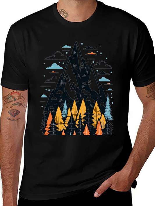 Mountain & Trees Graphic Tee - Nature Lovers Black T-Shirt