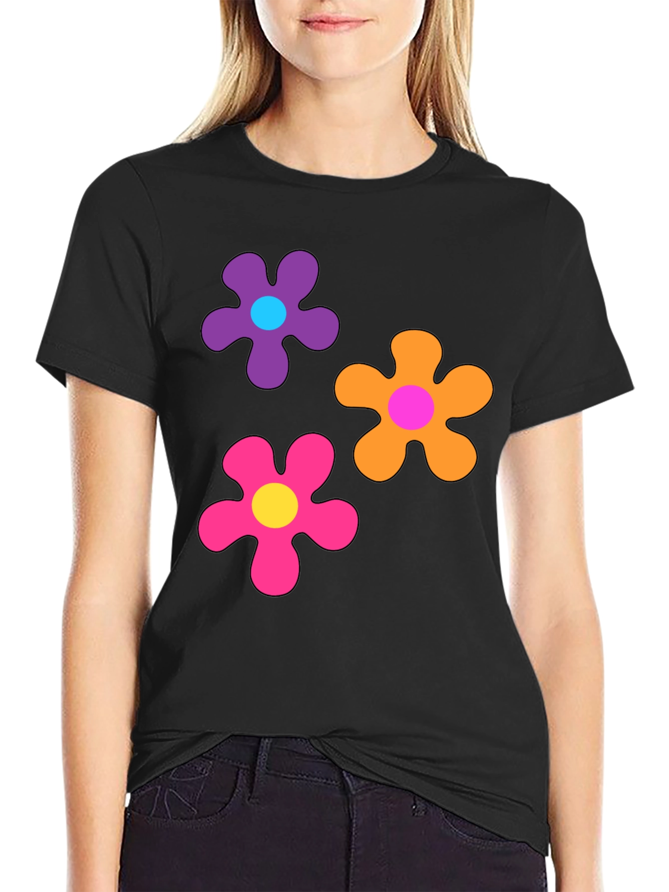 Retro Flower Power Black T-Shirt