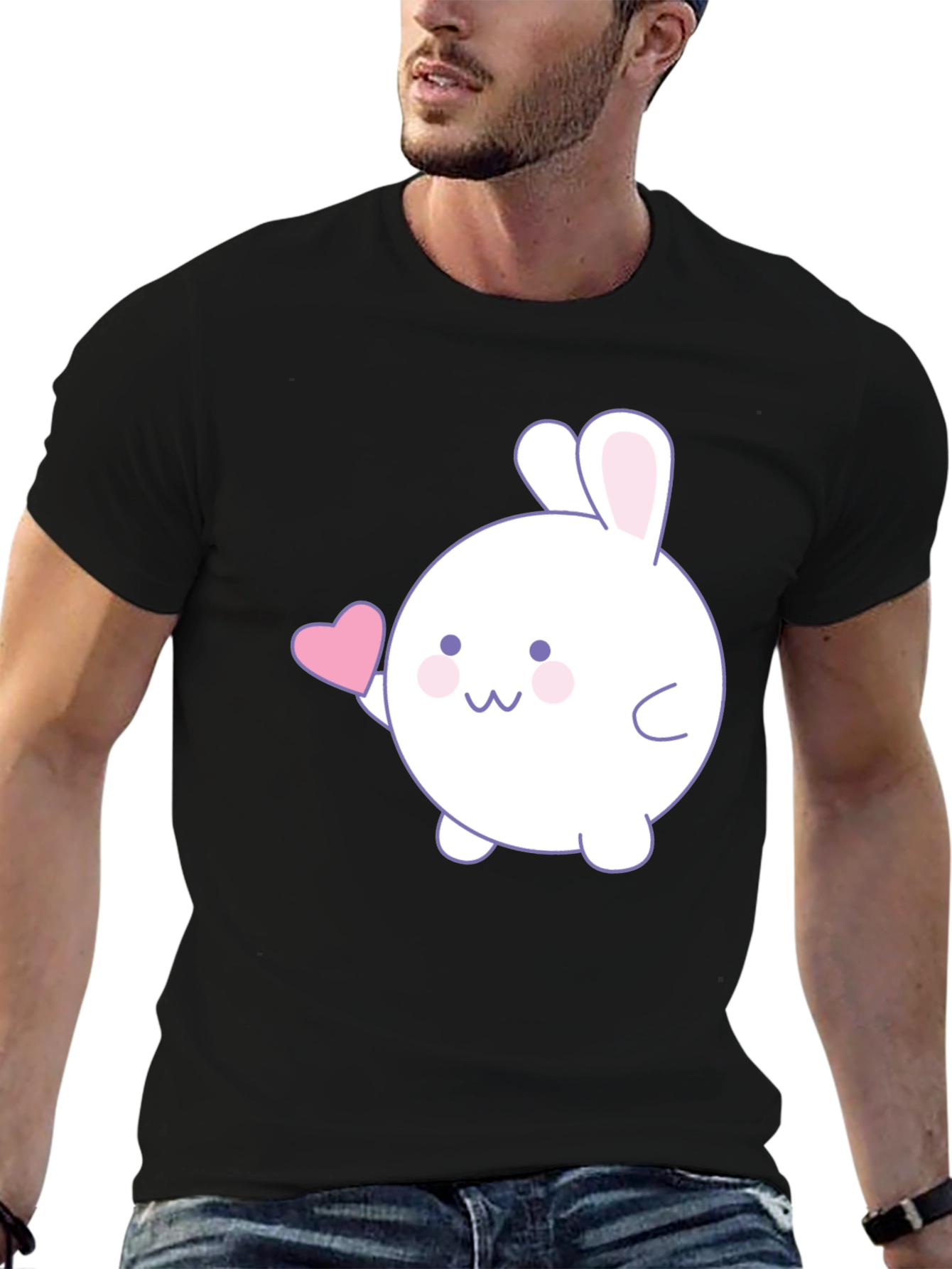 Cute Bunny Heart Graphic Black T-Shirt