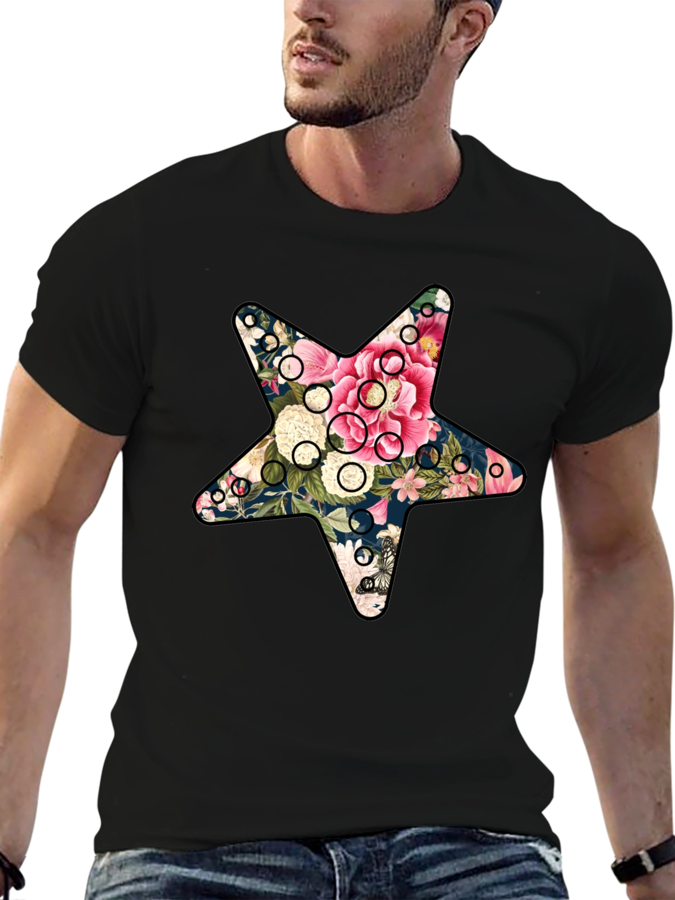 Floral Star Graphic Tee - Trendy Mens T-Shirt