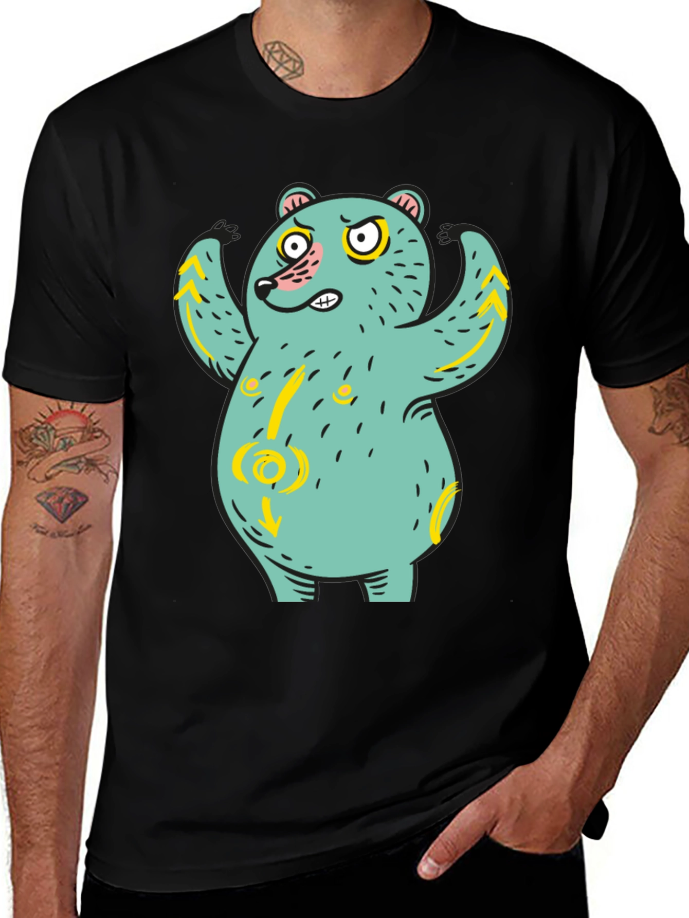 Funny Bear Graphic Print Black T-Shirt