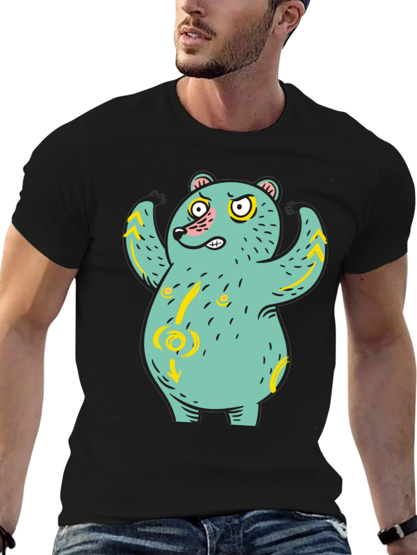 Funny Bear Graphic Print Black T-Shirt
