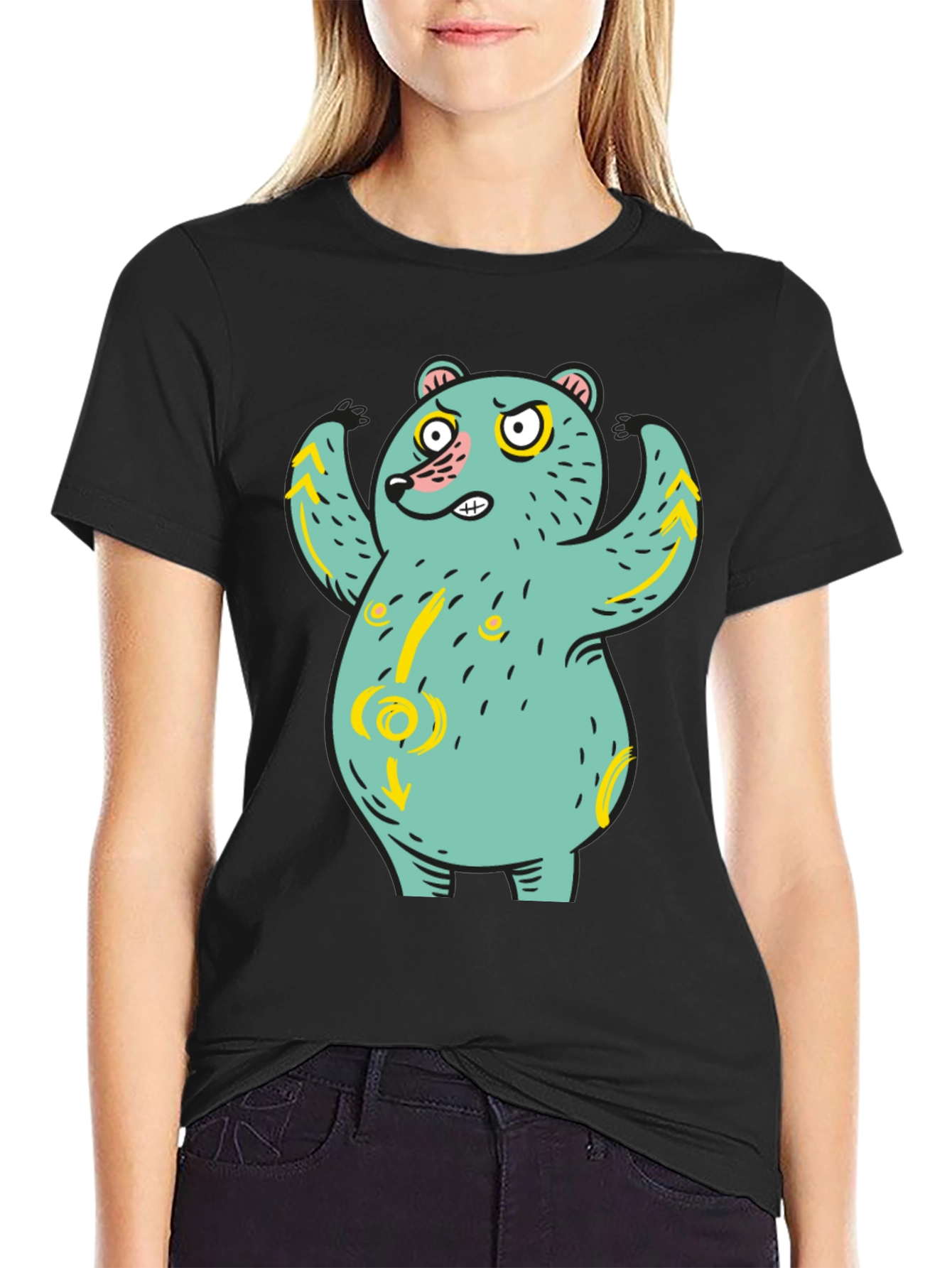 Funny Bear Graphic Print Black T-Shirt