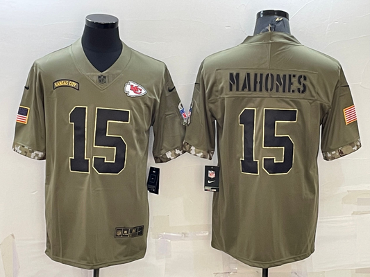 Men's Kansas City Chiefs Patrick Mahomes #15 Olive 2022 Salute To Service Limited Jerseys
