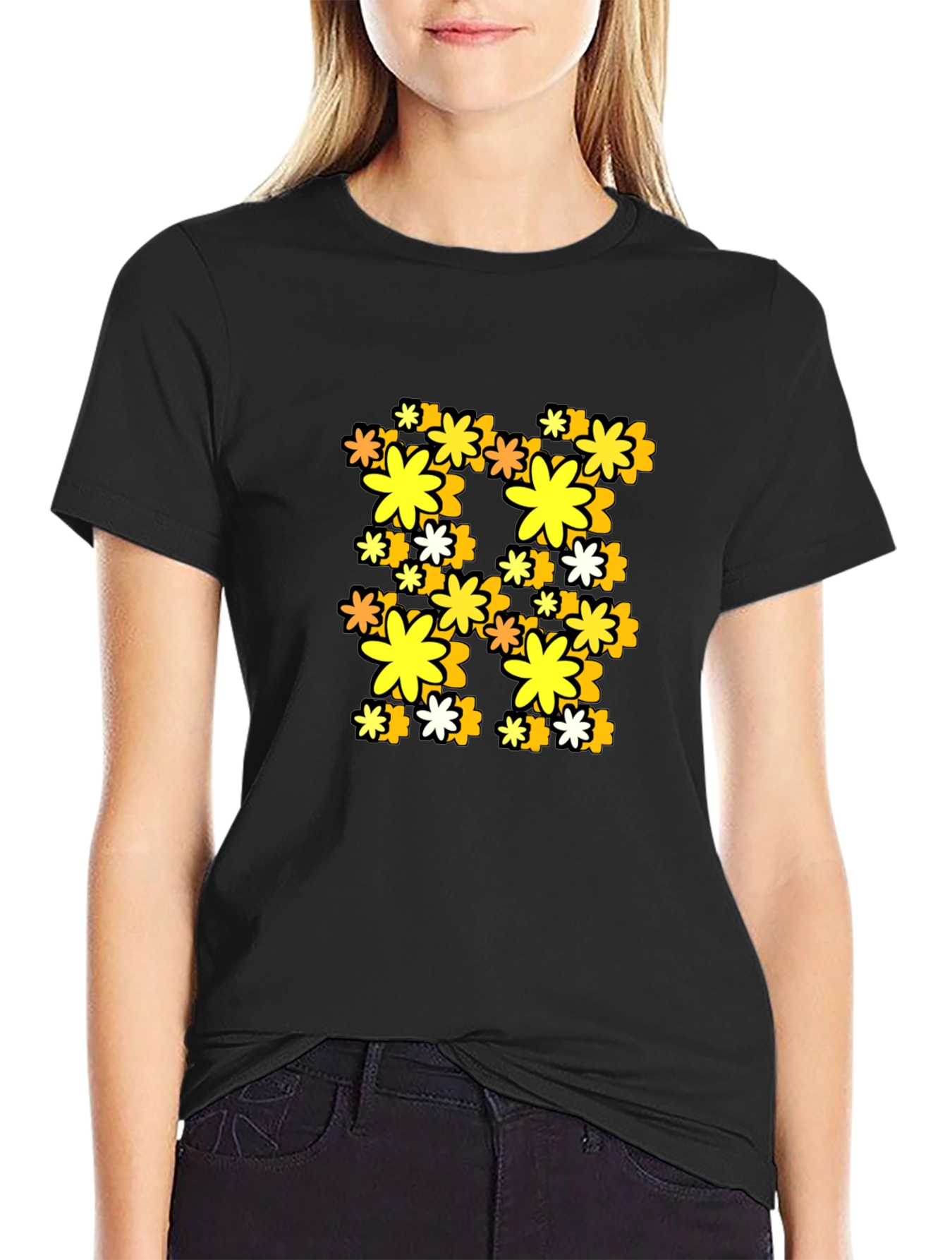 Retro Floral Print Black T-Shirt
