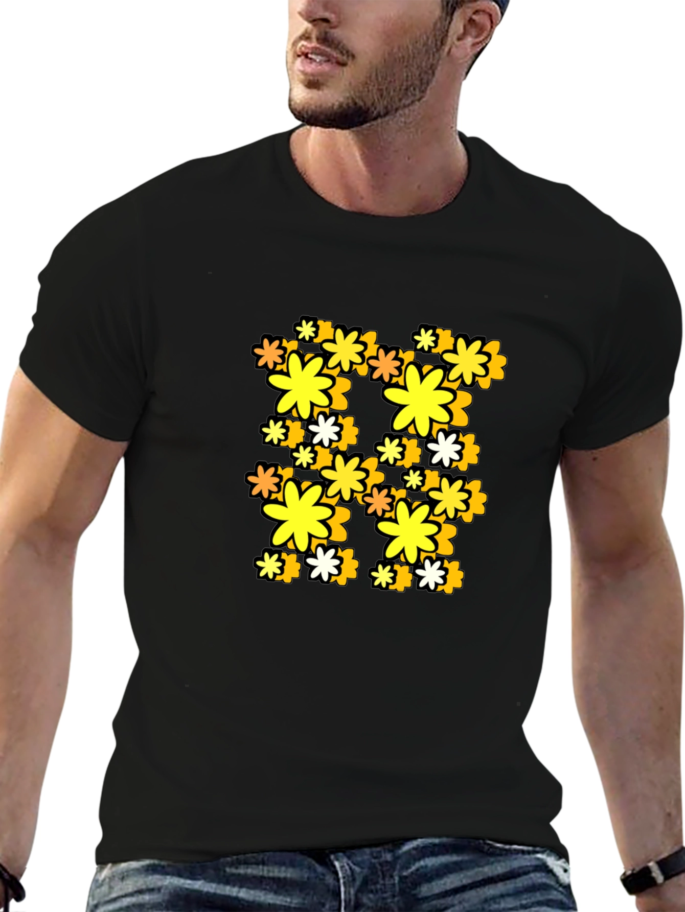 Retro Floral Print Black T-Shirt