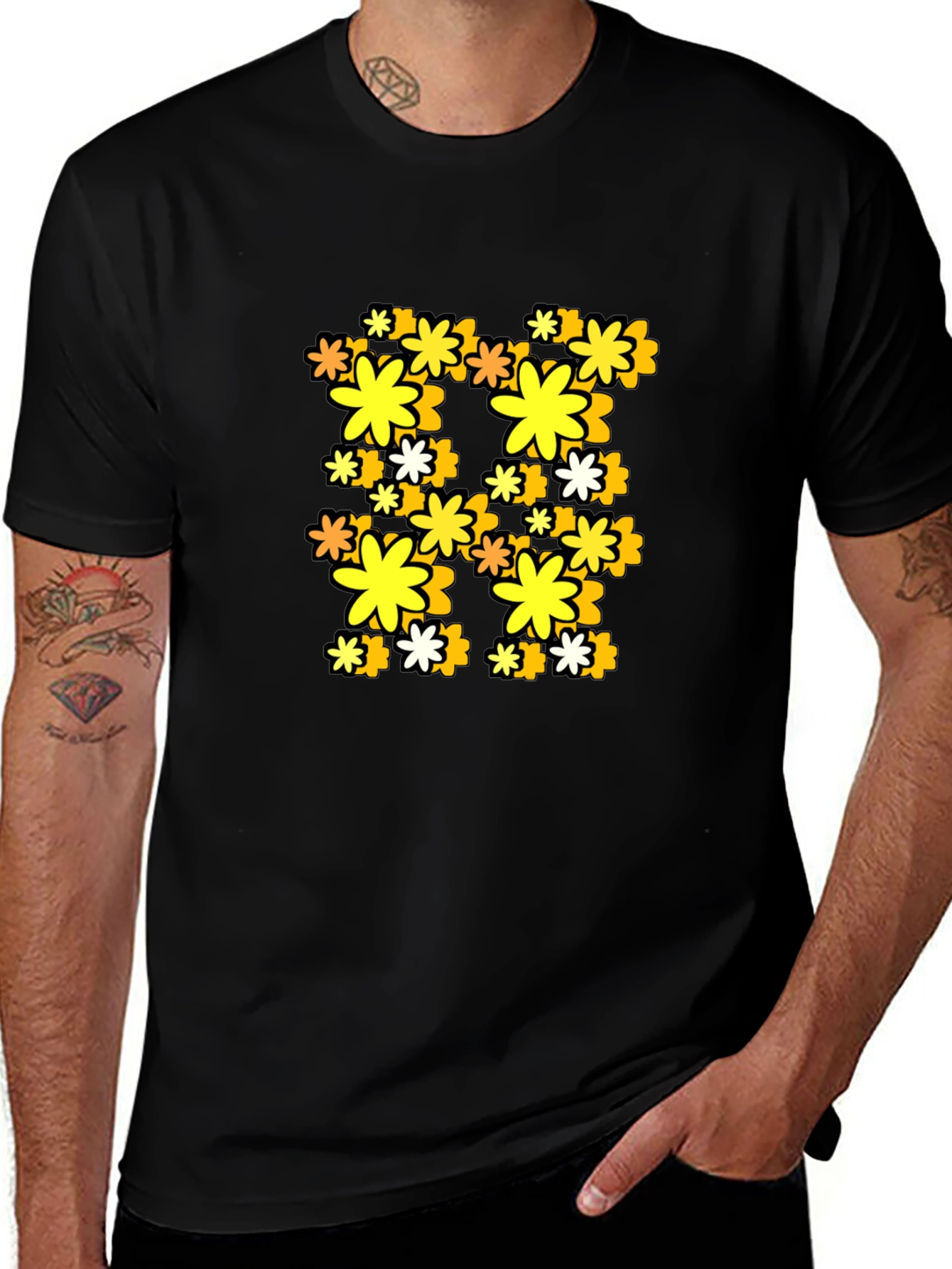 Retro Floral Print Black T-Shirt