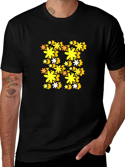 Retro Floral Print Black T-Shirt