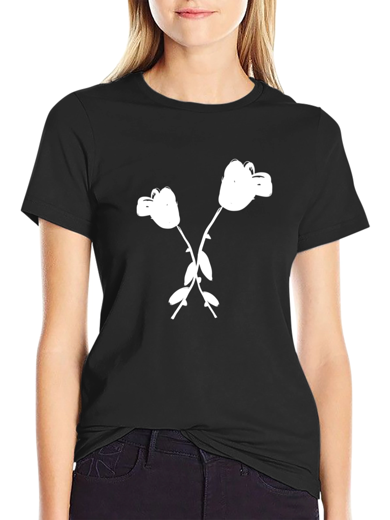Black T-Shirt with White Cartoon Flower Graphic