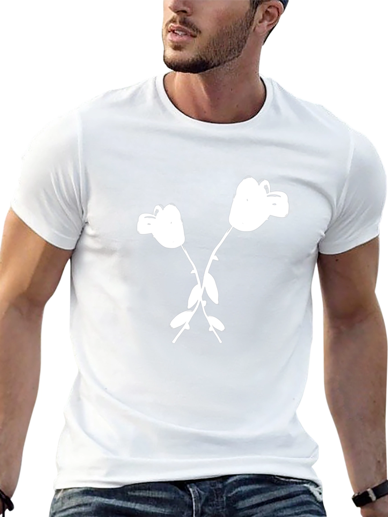 Black T-Shirt with White Cartoon Flower Graphic