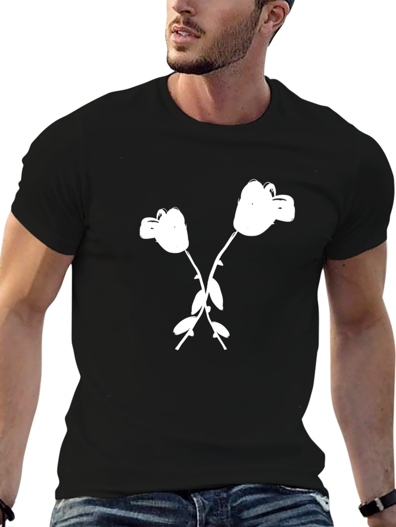 Black T-Shirt with White Cartoon Flower Graphic