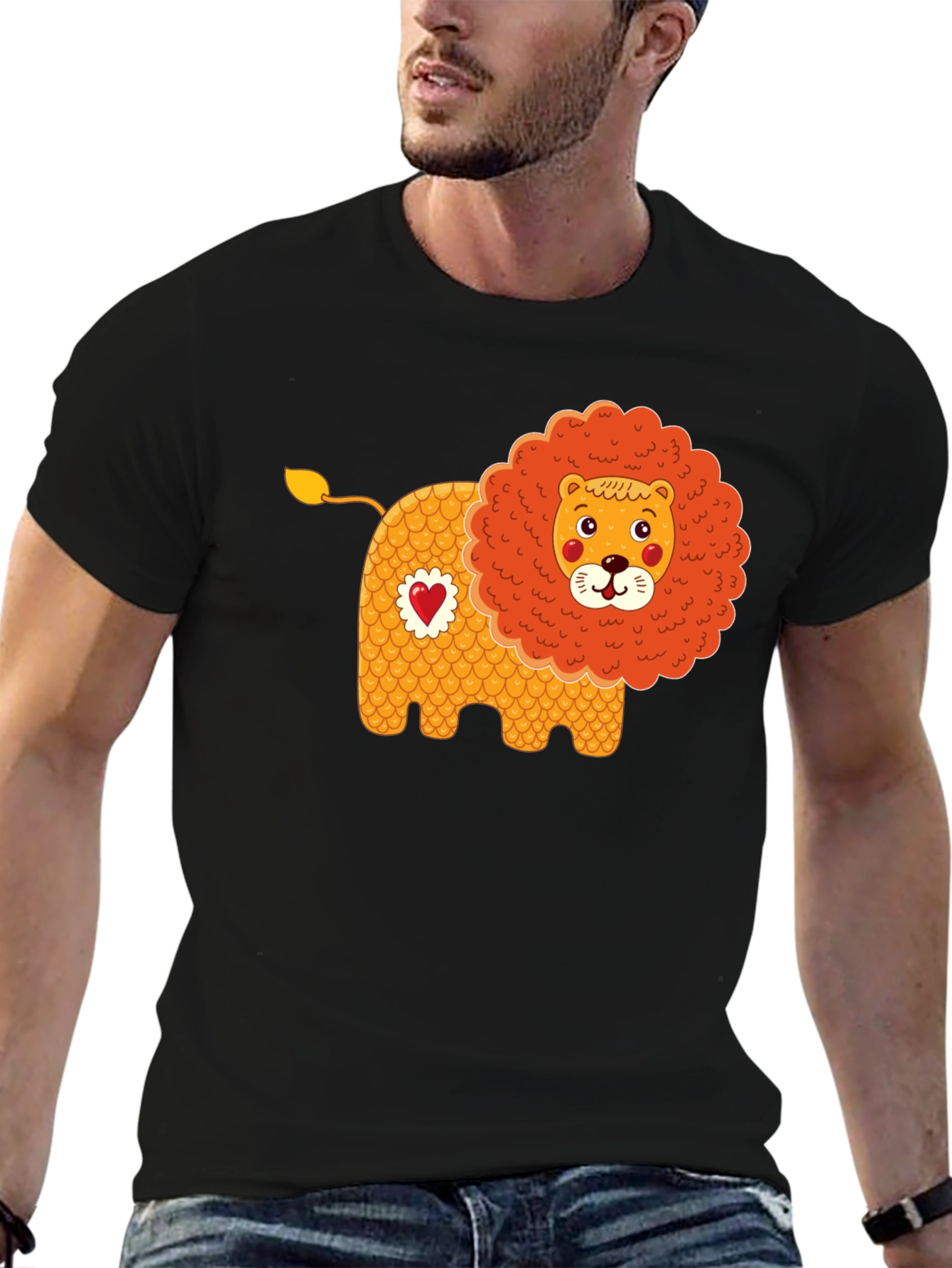 Cute Cartoon Lion Graphic Tee - Black