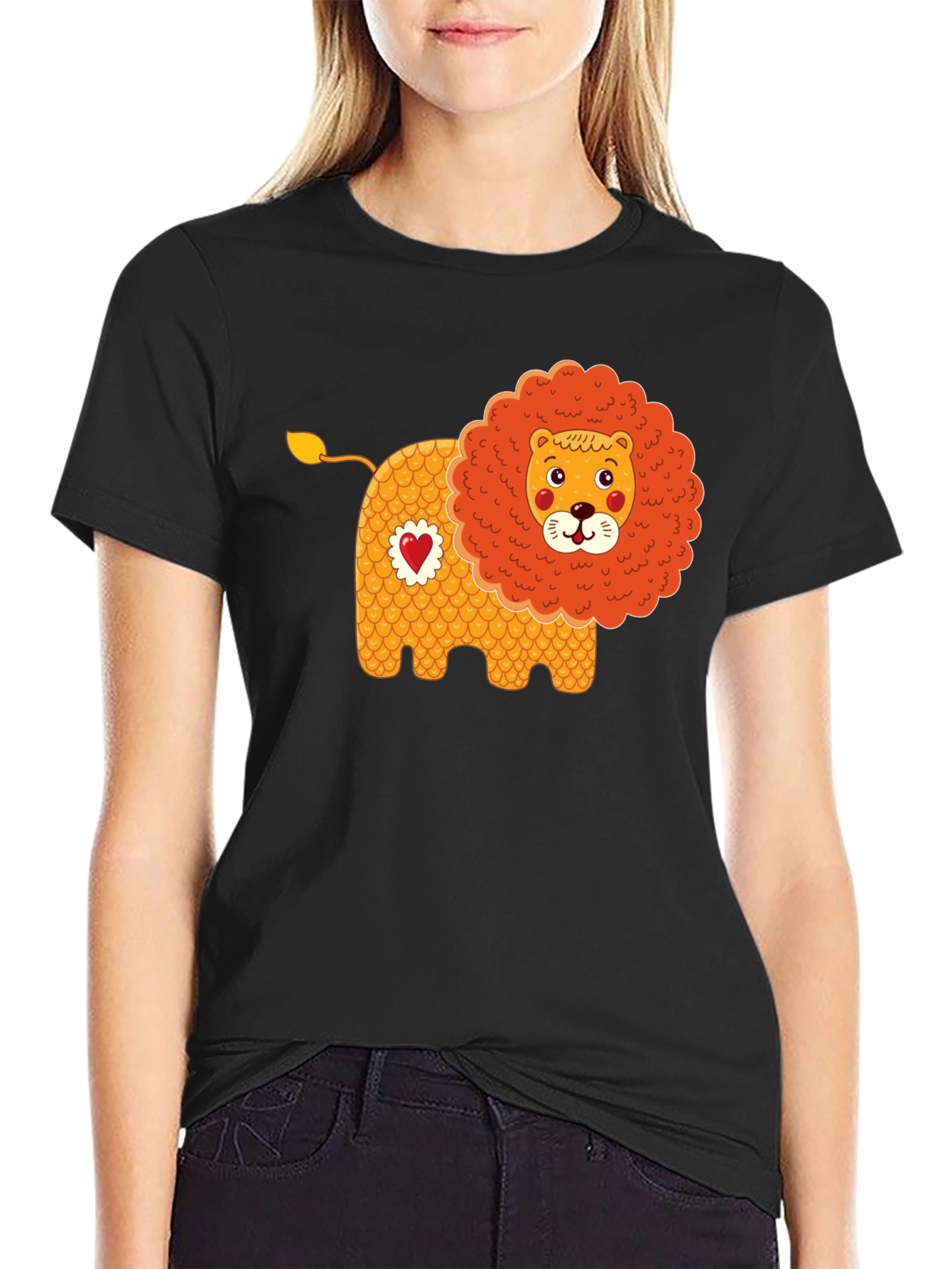 Cute Cartoon Lion Graphic Tee - Black
