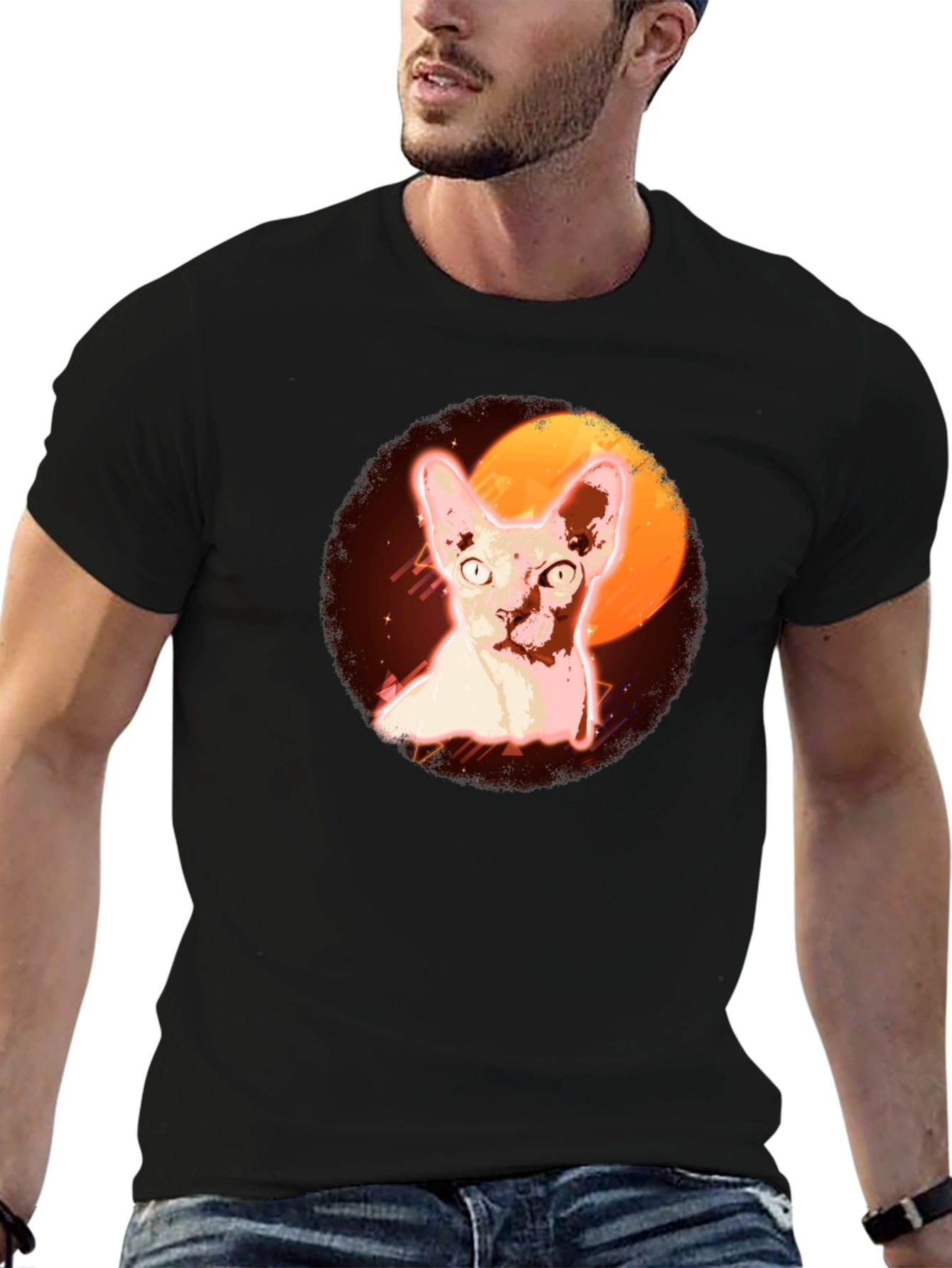 Sphynx Cat Graphic T-Shirt - Retro Moon Design
