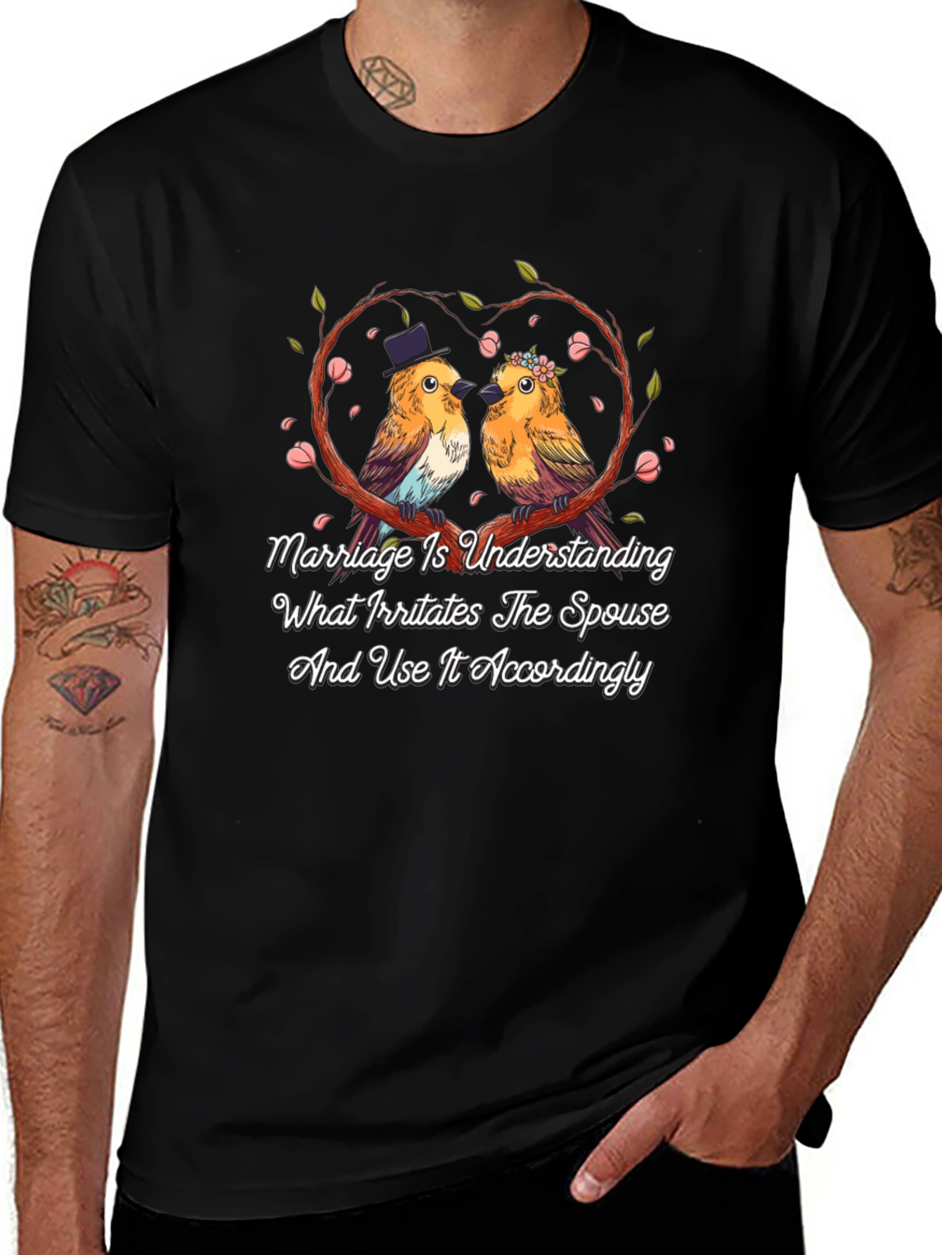 Marriage Understanding Bird Graphic Black T-Shirt