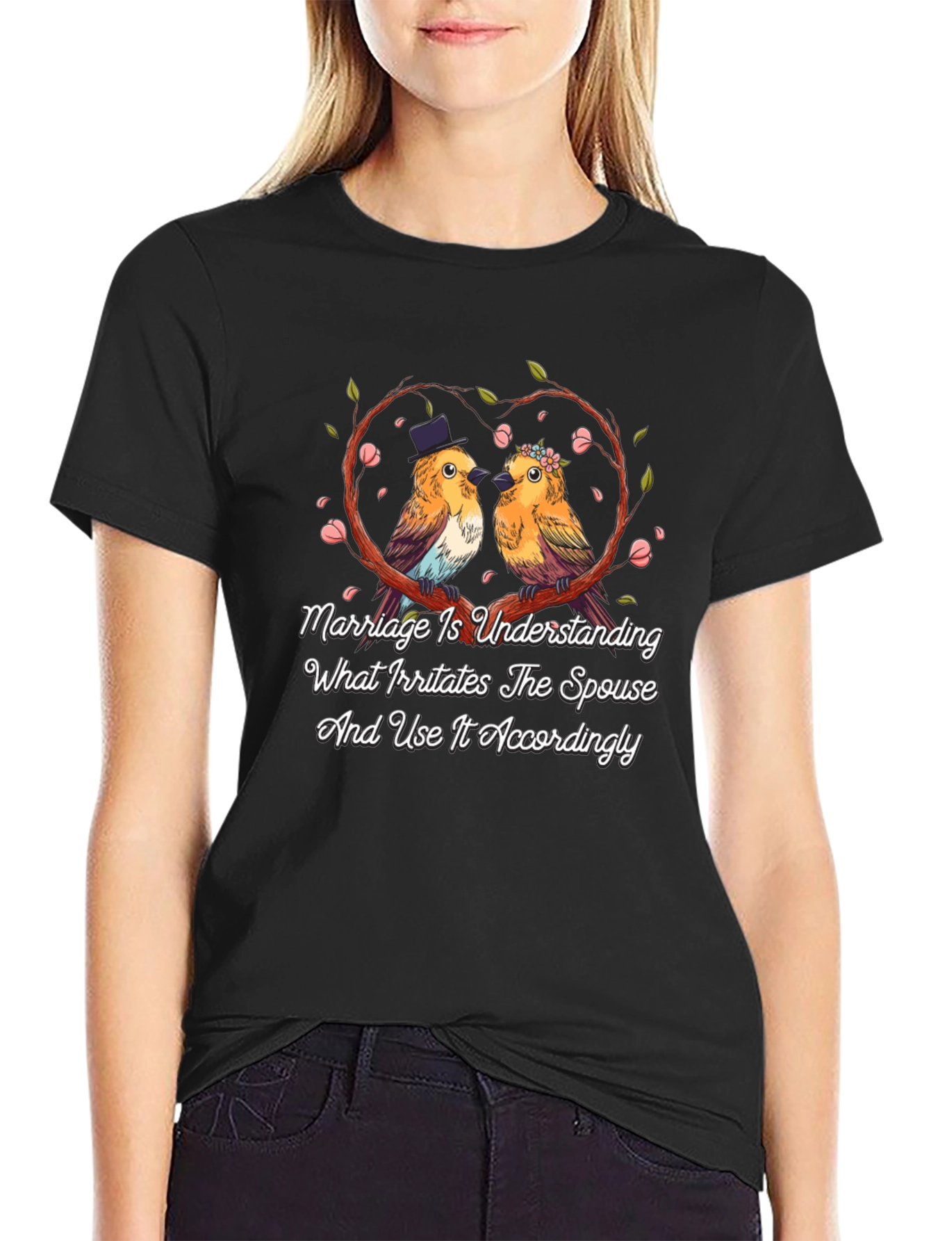 Marriage Understanding Bird Graphic Black T-Shirt