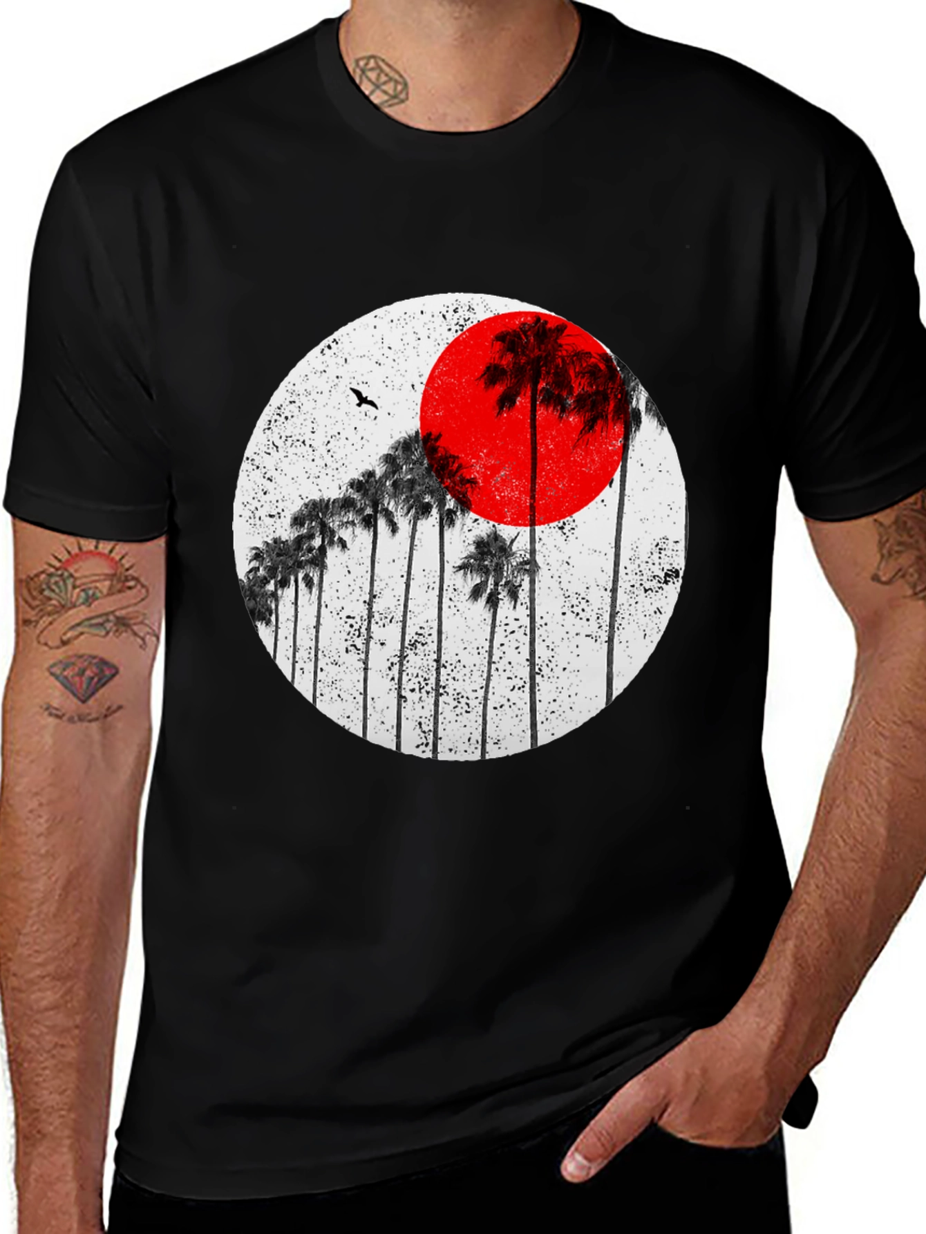 Sunset Palm Tee - Black Cotton Graphic T-Shirt