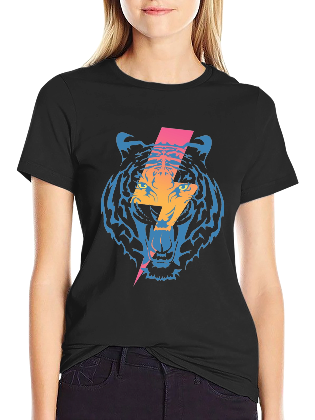 Tiger Lightning Bolt Graphic Tee - Cool Black T-Shirt