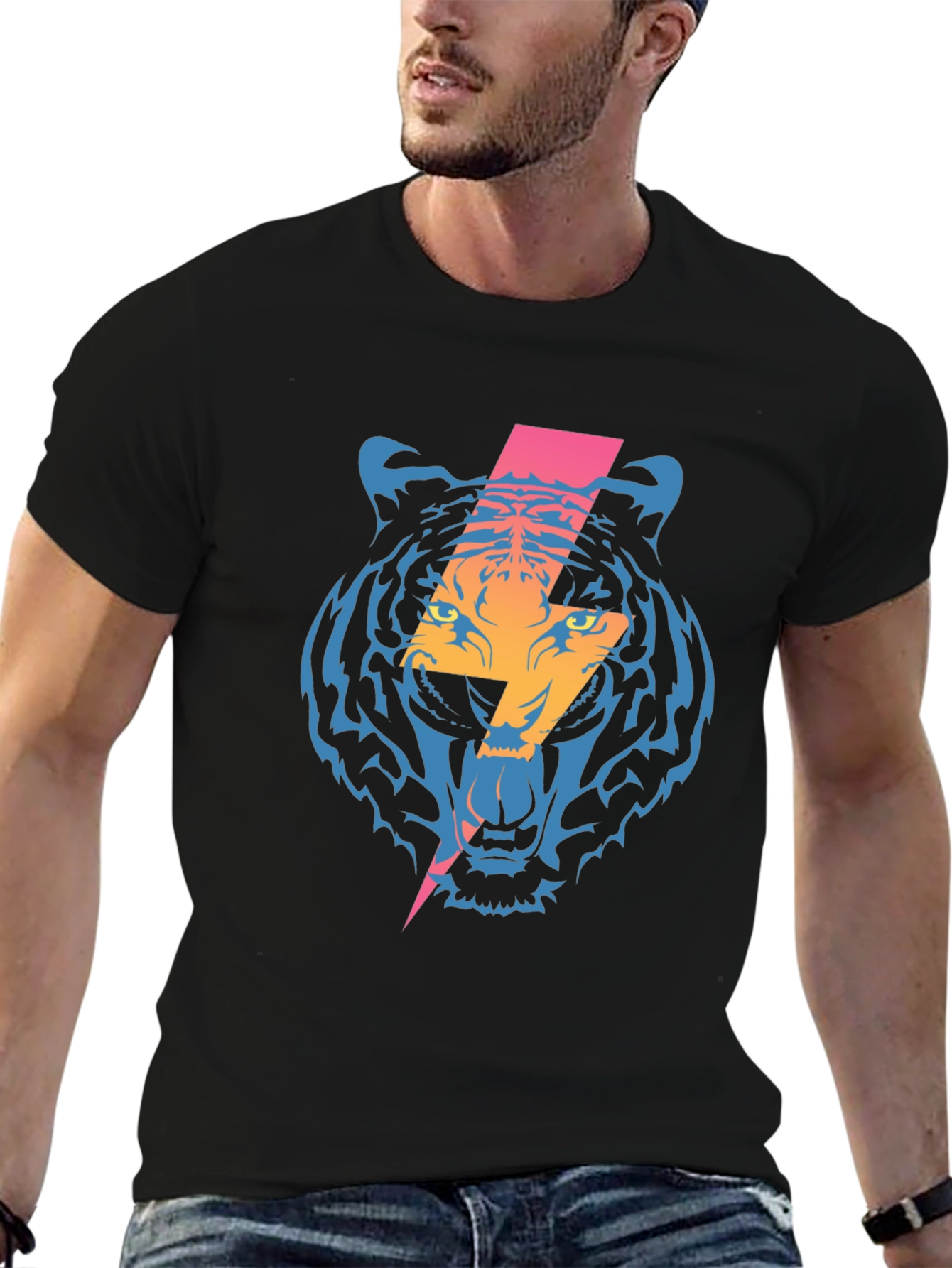 Tiger Lightning Bolt Graphic Tee - Cool Black T-Shirt