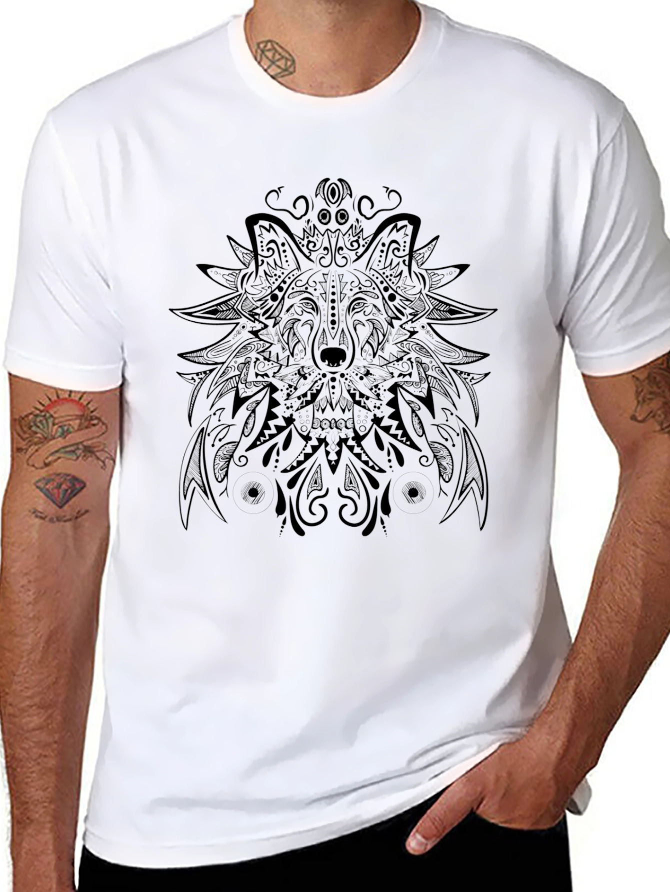 Wolf Mandala Graphic Tee - Black Cotton Blend T-Shirt