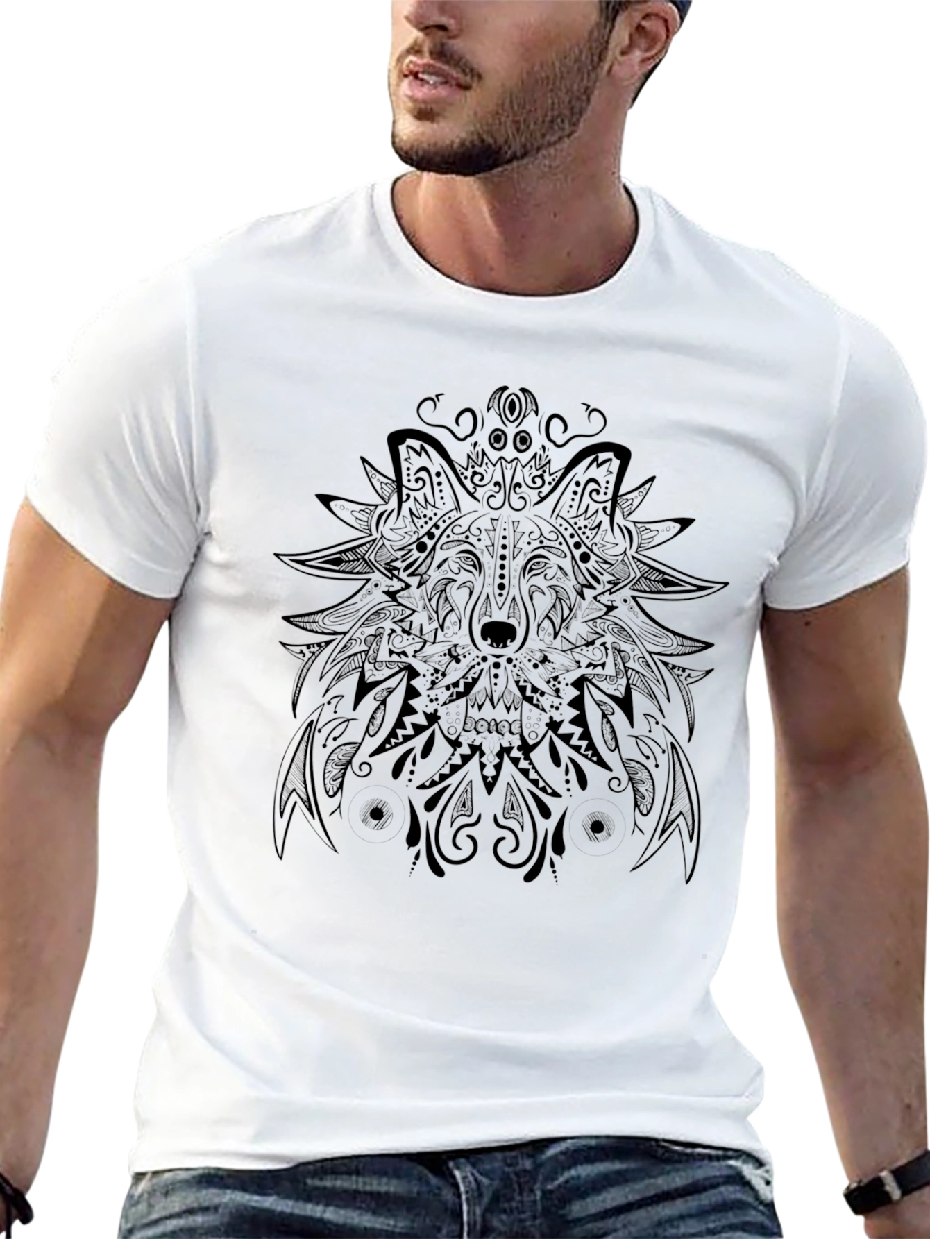 Wolf Mandala Graphic Tee - Black Cotton Blend T-Shirt