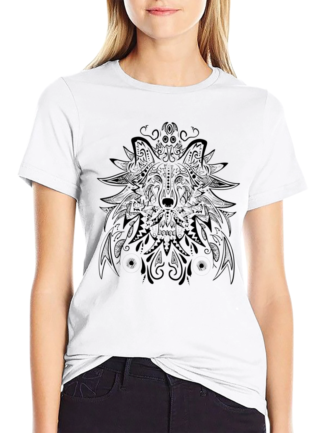 Wolf Mandala Graphic Tee - Black Cotton Blend T-Shirt
