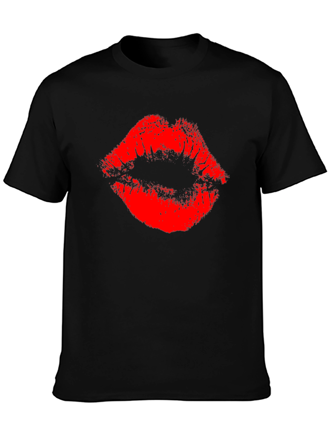 Red Lips Print Black T-Shirt