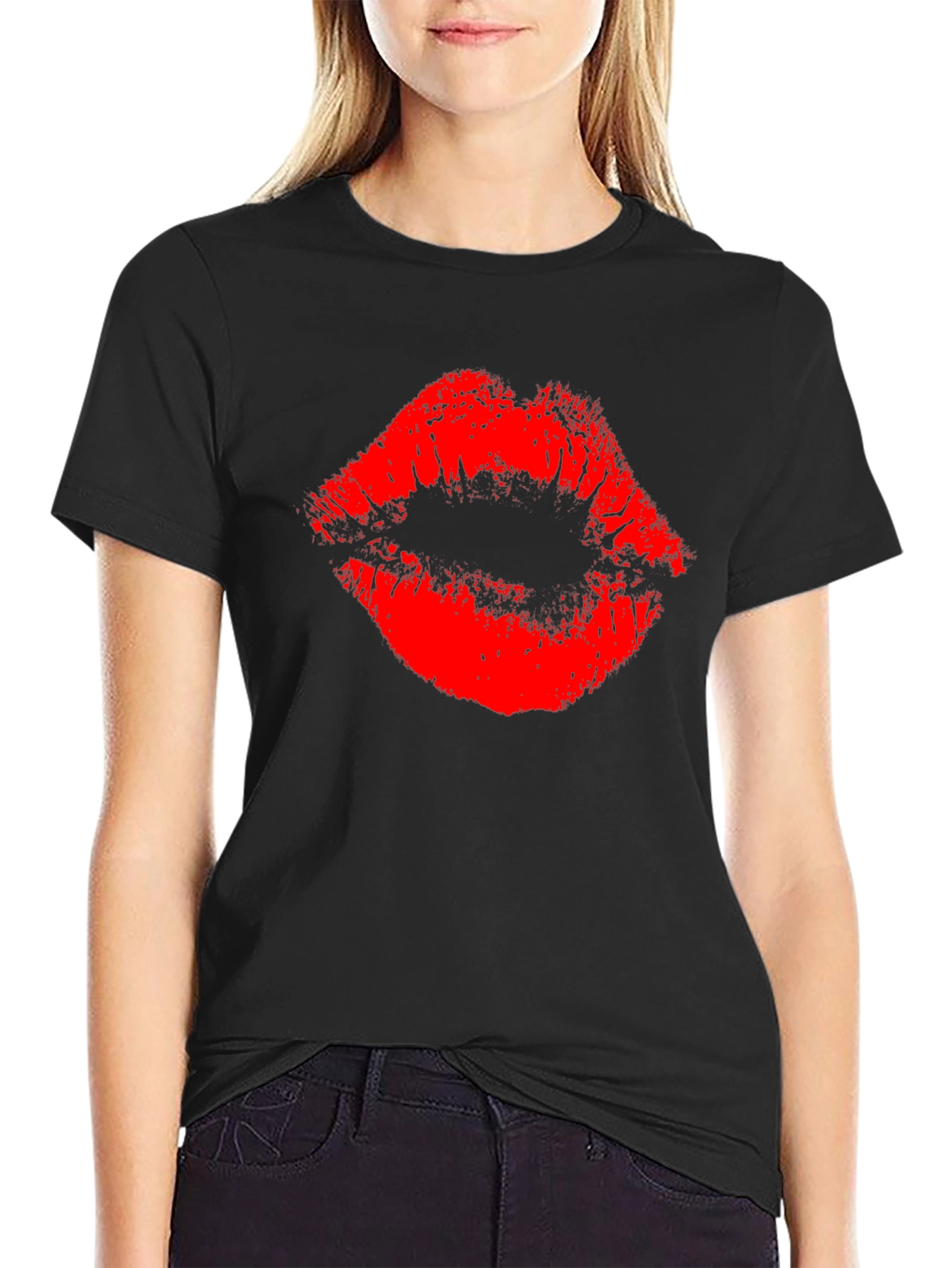 Red Lips Print Black T-Shirt
