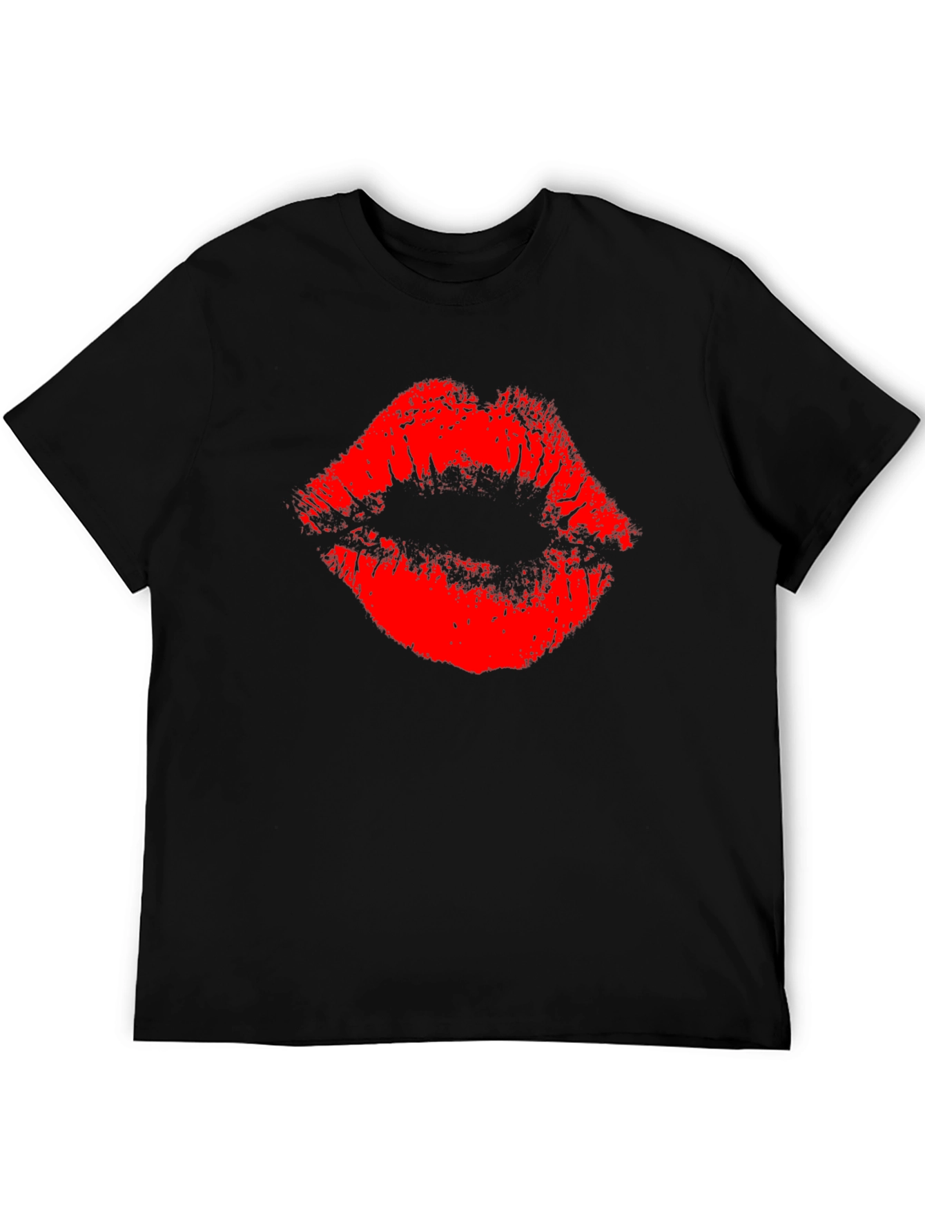 Red Lips Print Black T-Shirt