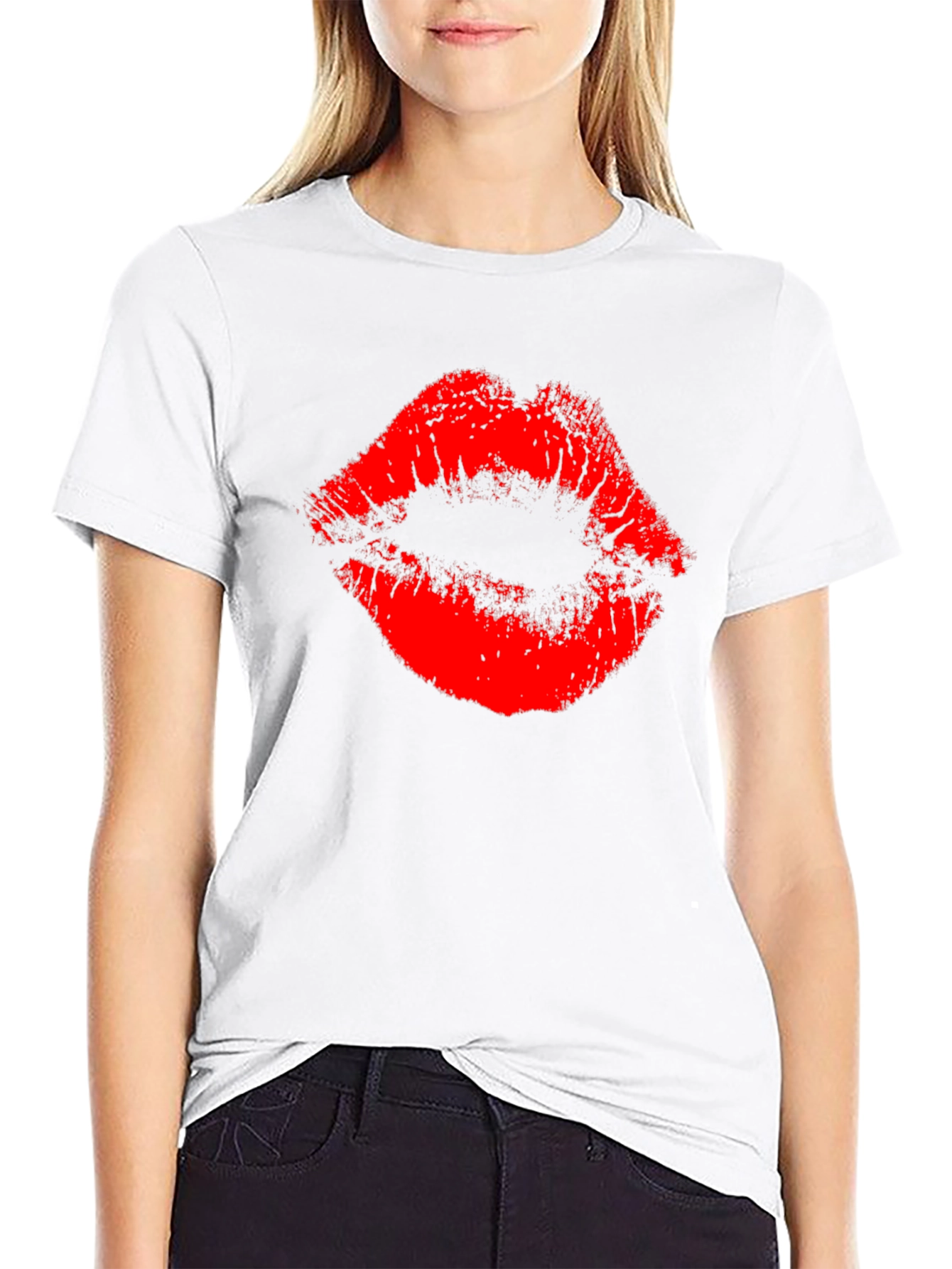 Red Lips Print Black T-Shirt