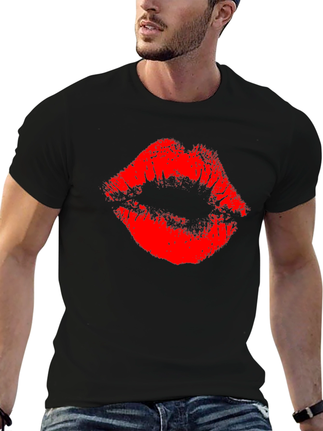 Red Lips Print Black T-Shirt