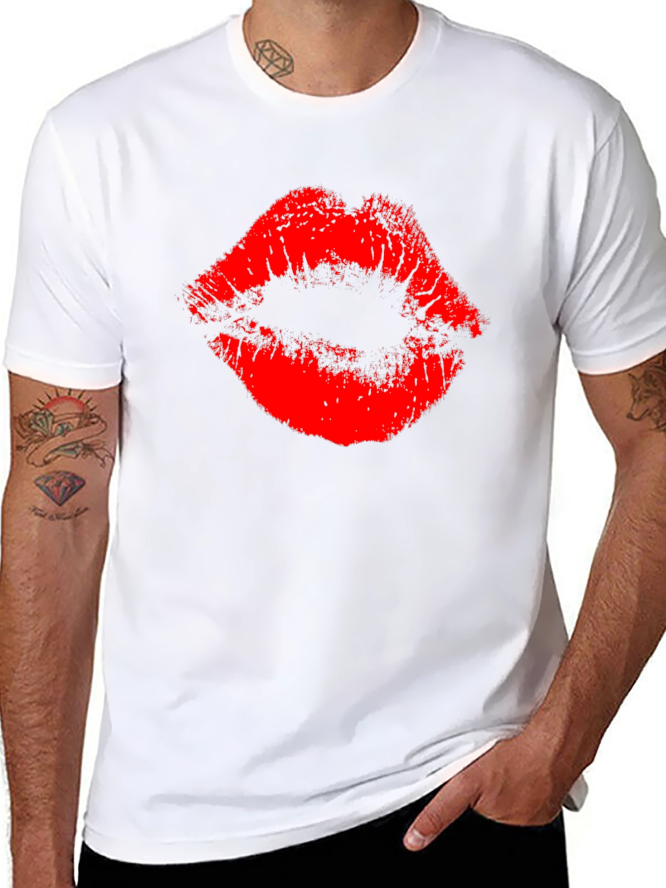 Red Lips Print Black T-Shirt