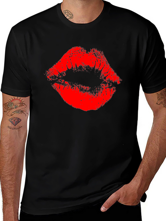 Red Lips Print Black T-Shirt