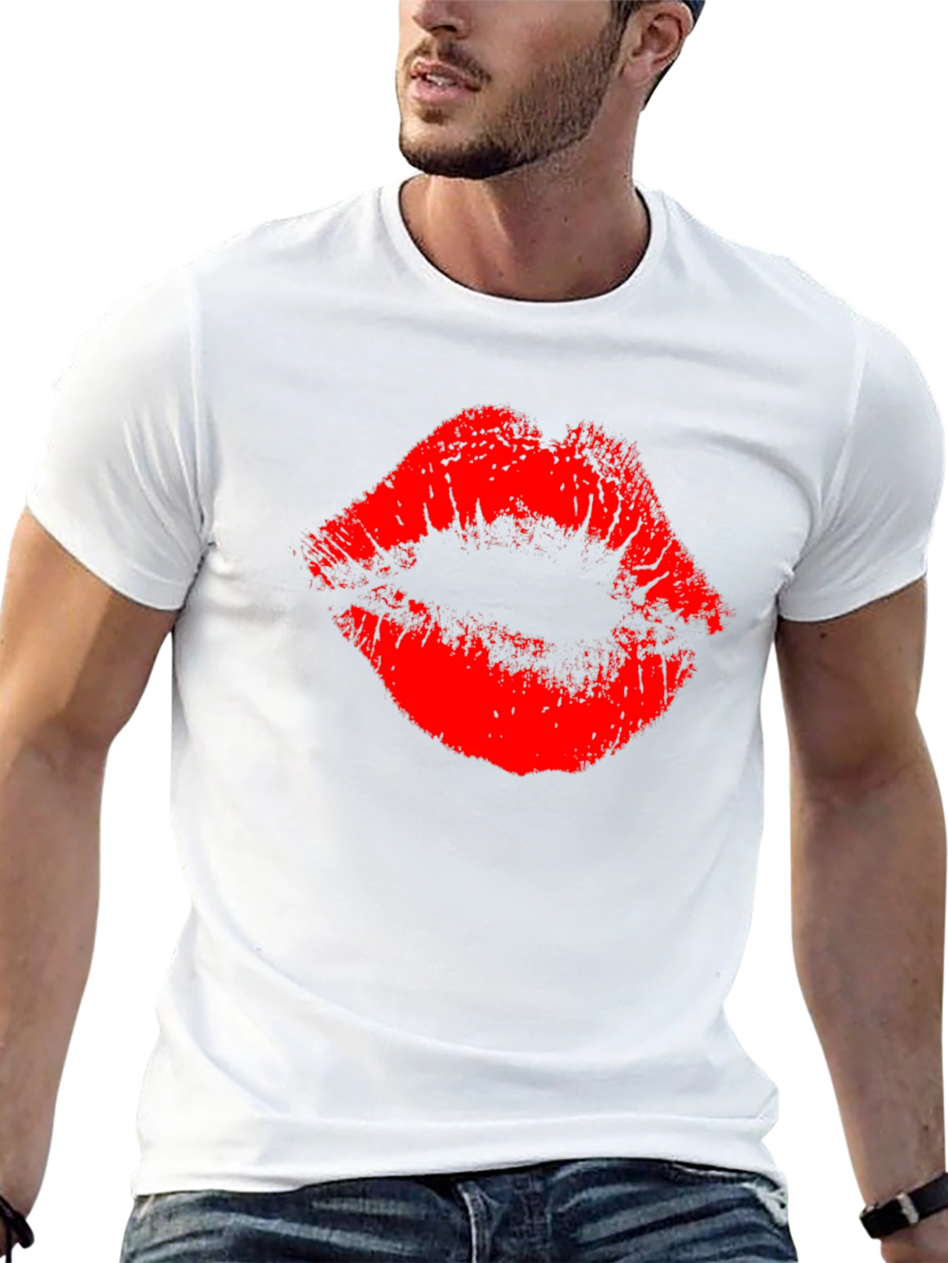 Red Lips Print Black T-Shirt