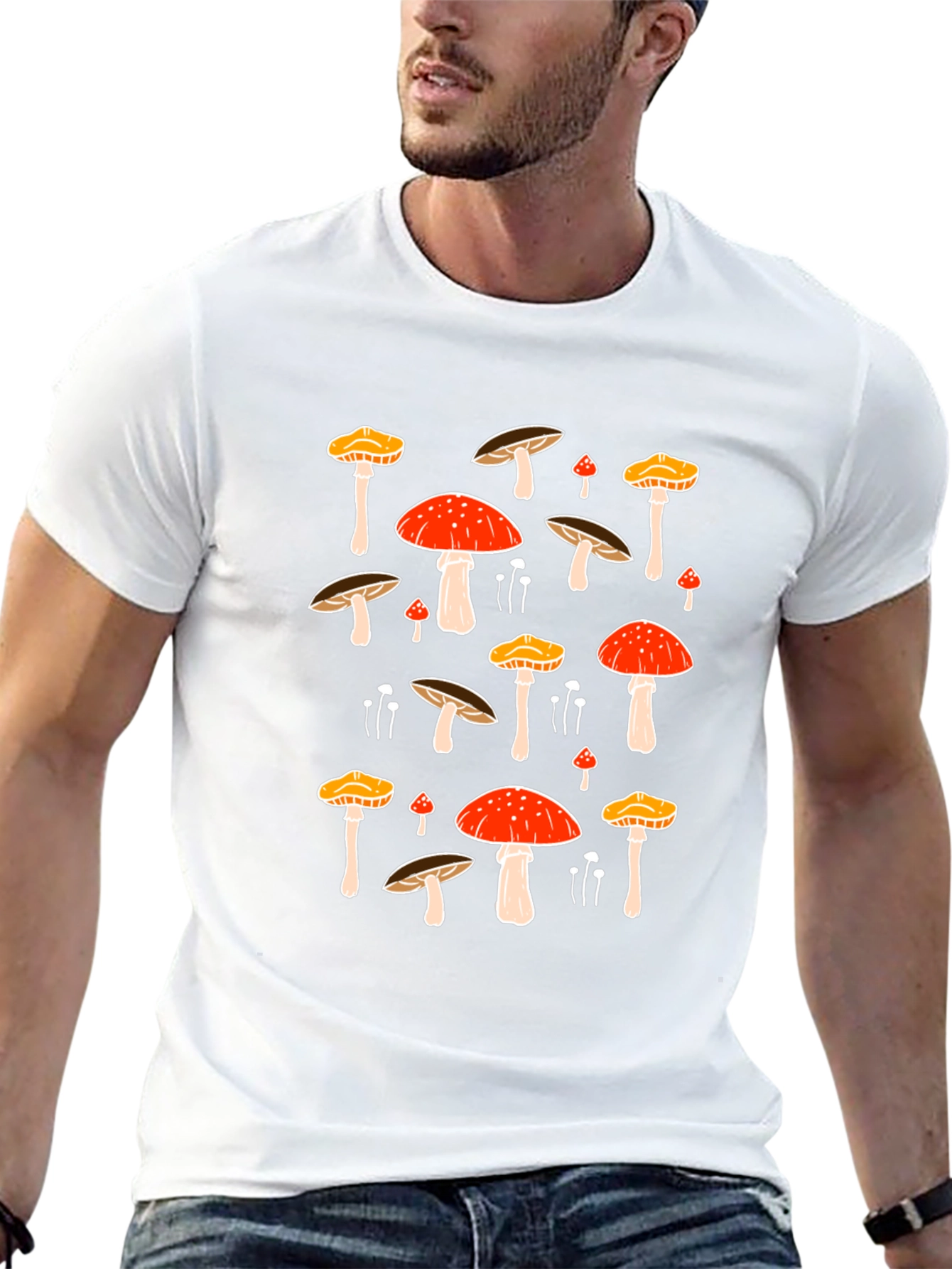 Mushroom Print Black Tee - Funky Nature T-Shirt