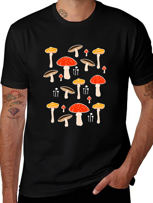 Mushroom Print Black Tee - Funky Nature T-Shirt