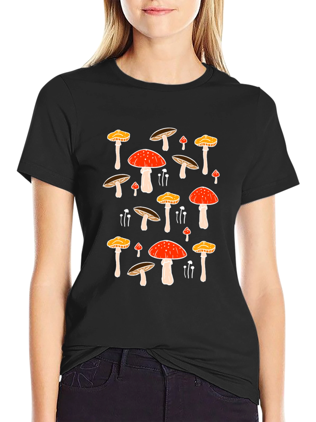 Mushroom Print Black Tee - Funky Nature T-Shirt