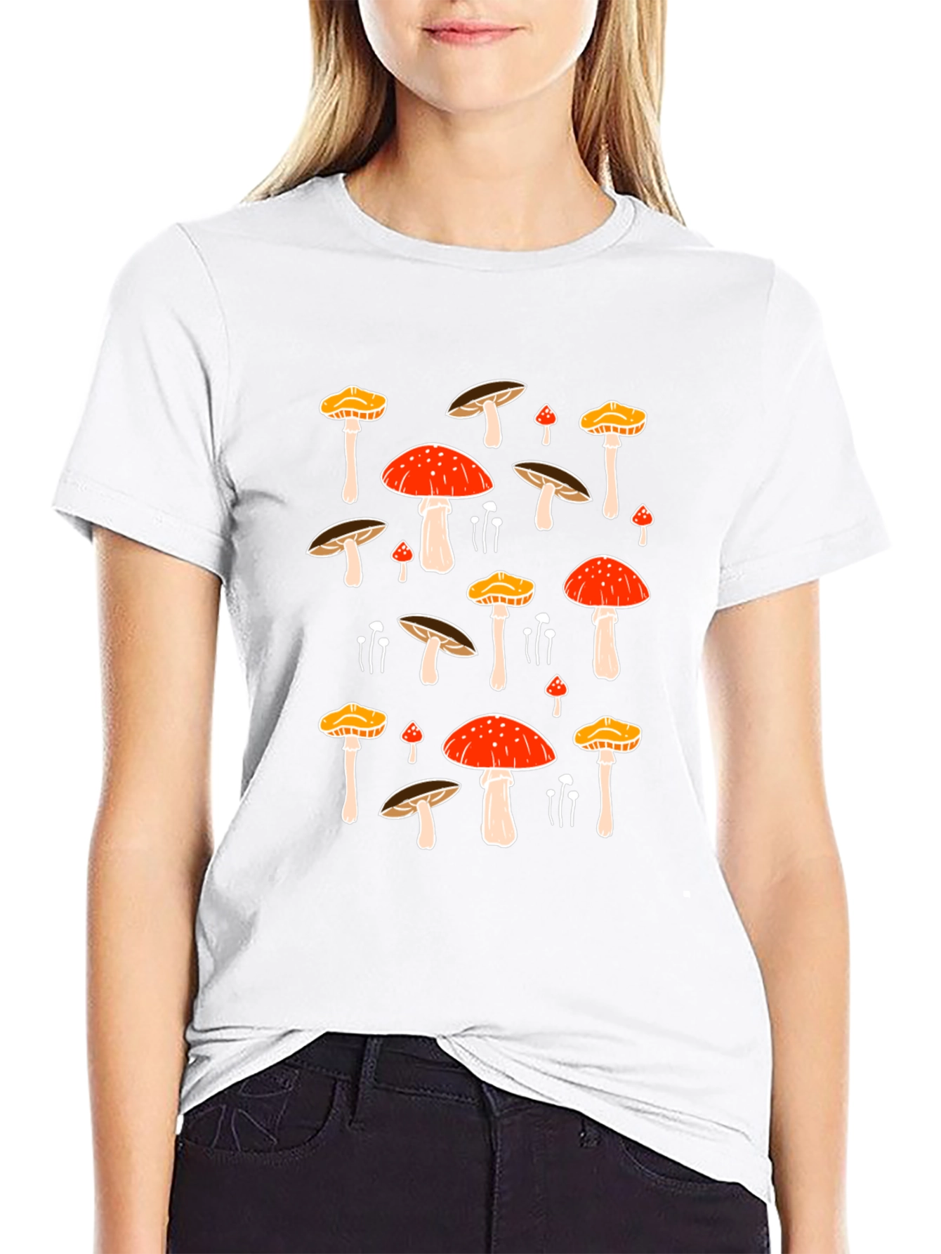 Mushroom Print Black Tee - Funky Nature T-Shirt